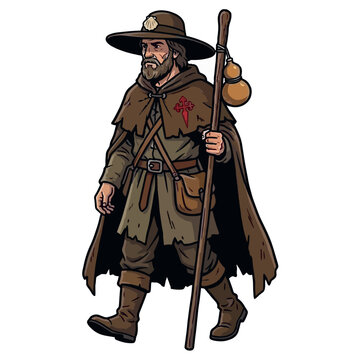 Historical Medieval Pilgrim Walking Illustration