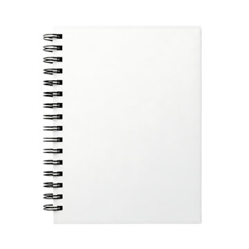 A spiral bound notebook with a blank white cover