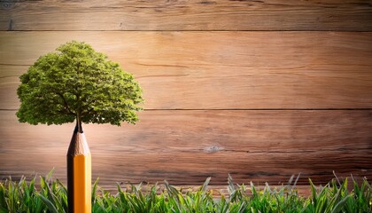 symbolic pencil with tree growing from wood texture represents education