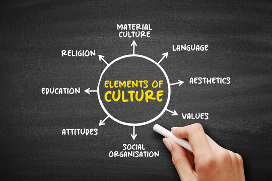 Elements of culture concept diagram showing material culture language aesthetics values social organisation attitudes education and religion arranged in a circular learning chart