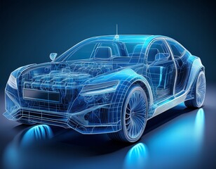 Naklejka premium blue car wire frame blueprint with transparent engine and beautiful headlights