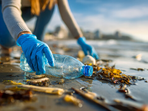 Person wearing blue gloves collecting plastic bottle and debris from a beach shore to help clean up pollution and protect marine environment
