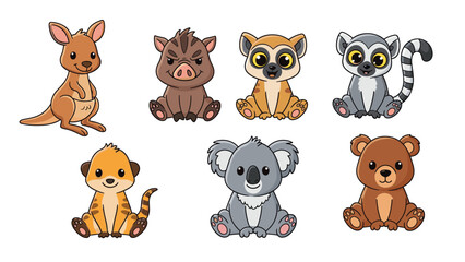 Fototapeta premium Assortment of cute baby animals includes a kangaroo wild boar lemur meerkat koala and brown bear sitting in a row on a white floor.