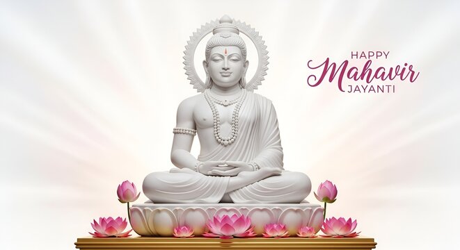 Happy Mahavir Jayanti greeting card with Lord Mahavir statue and minimal background