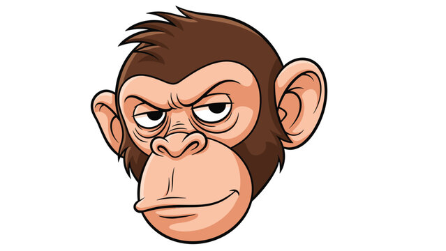 Grumpy chimpanzee face illustration shows a monkey with a skeptical and annoyed expression looking towards the side on white background.