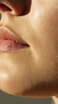 Vertical video: Recording woman lower face closing lips turning right in studio showing vellus hair