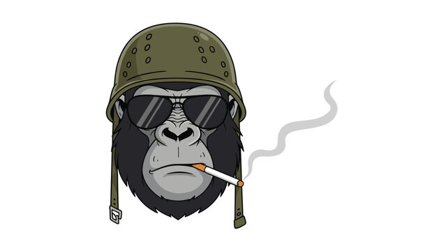 Tough gorilla head wearing a green military helmet and dark aviator sunglasses smoking a cigarette in a pixel art style.