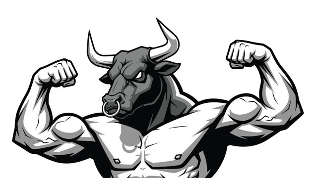 Powerful muscular minotaur character with a bull head and human body flexing his biceps in a black and white illustration.