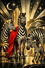Fototapeta premium Art Deco zebras night cityscape