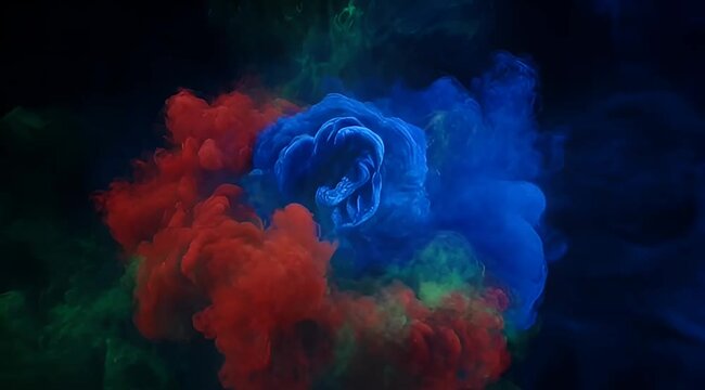 Abstract colorful smoke cloud on dark background resembling a vibrant flower