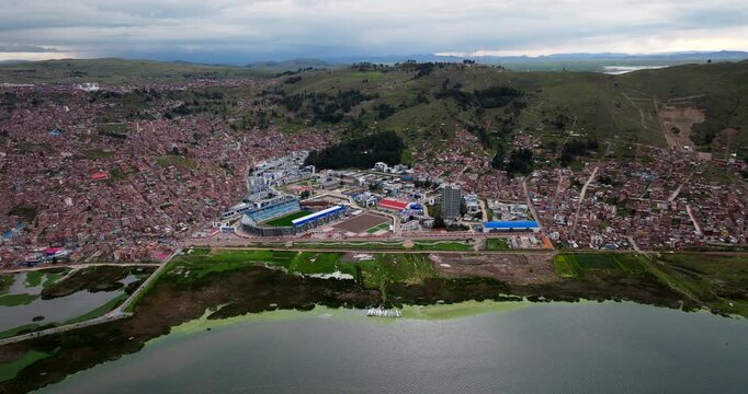 National University of the Altiplano of Puno on bank of Lake Titicaca, aerial