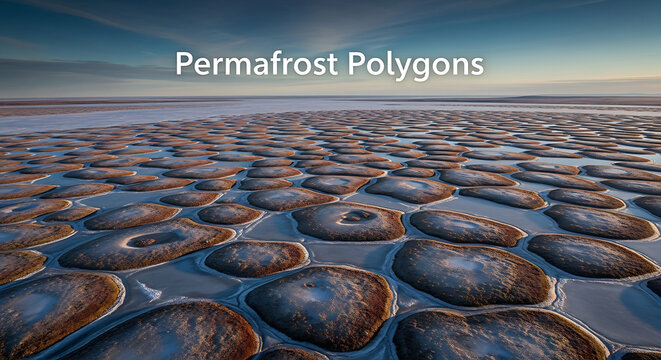 Aerial view of numerous permafrost polygons in a vast, icy, frozen landscape with natural patterns.