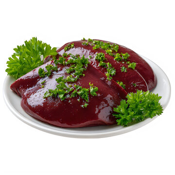 Raw beef liver slices on a plate garnished with parsley Transparent background PNG