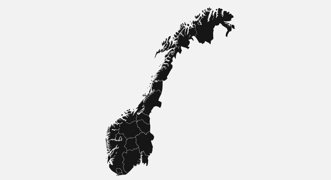 Black Silhouette Map of Norway on White Background - Geographic Outline