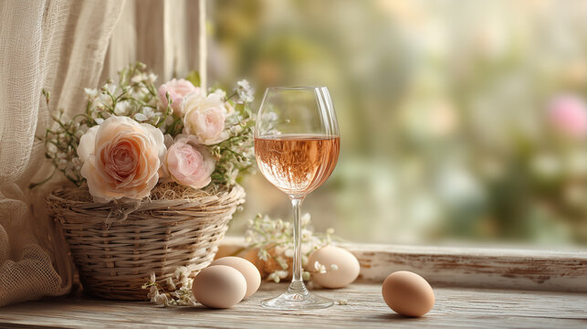 Elegant spring still life with rose wine glass fresh flowers basket and easter eggs in soft natural light