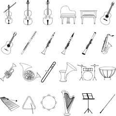 Fototapeta premium Various musical instruments illustrated in black and white outline 
