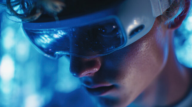 Young man wearing futuristic virtual reality visor in a dimly lit environment with blue ambient lighting showcasing immersive technology experience