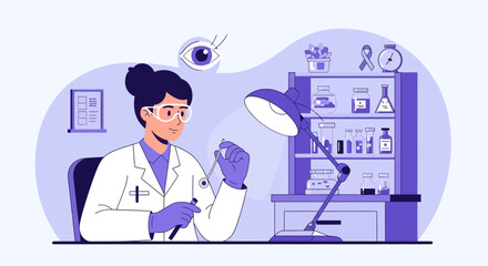 Medical Professional Conducting Eye Exam In A Laboratory, Examining Instruments At Work