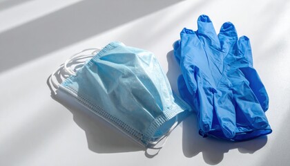Obraz premium Medical mask and sterile gloves arranged neatly on a clean surface for protection against disease