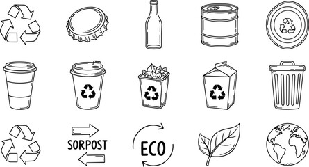 Collection of hand-drawn icons representing recycling and eco-friendly concepts