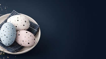 Sophisticated easter backdrop with vivid egg art. Raw beauty. Decorative easter eggs on a deep blue canvas with light reflections. Photojournalism. Pure reality.