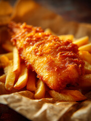Golden battered fried fish filet served over crispy golden French fries in rustic paper wrapping perfect for a classic casual comfort meal