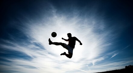 Silhouette of a person kicking a ball high against a dramatic, cloudy sky