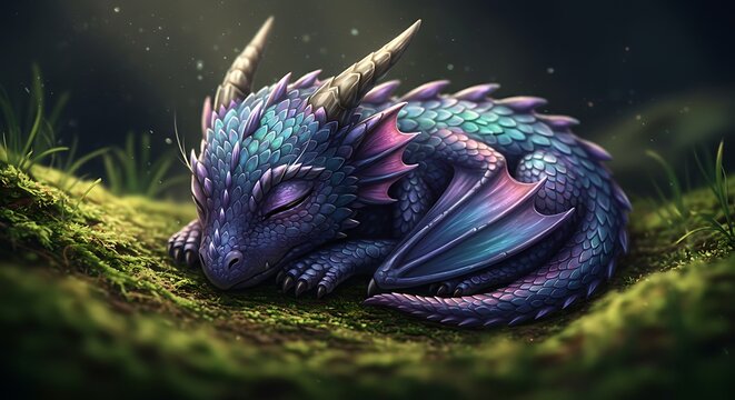 Enchanting little fantasy dragon peacefully napping on a bed of soft green moss in a magical, mystical forest setting with dappled light filtering through