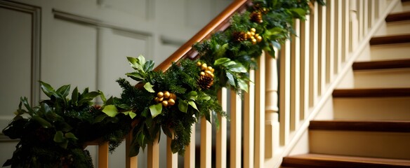 Obraz premium Cozy staircase garlands brightening a home stairway for festive seasonal fun
