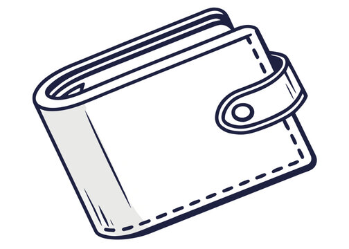 A black and white illustration of an empty wallet with a strap. isolated on transparent background, isolated on white background, Vector