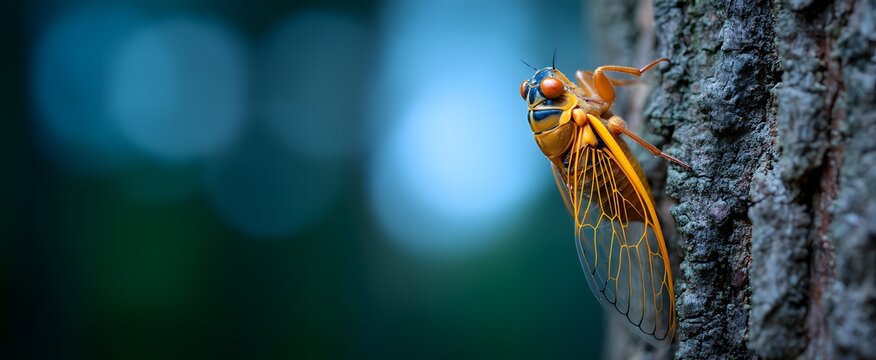 The cicada firmly clinging to a rough textured tree trunk in bright outdoors