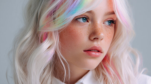 Portrait of a young woman with delicate freckles and soft pastel rainbow highlights in her blonde wavy hair looking thoughtfully into the distance