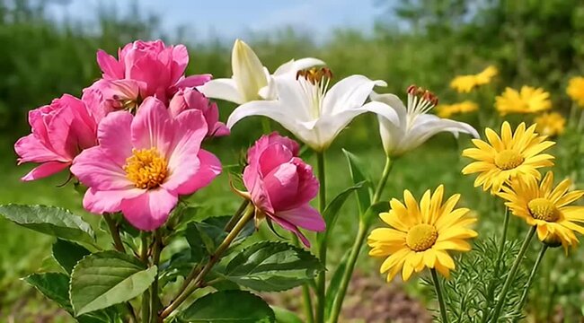 Beautiful display of pink roses, white lilies, and yellow daisies in garden
