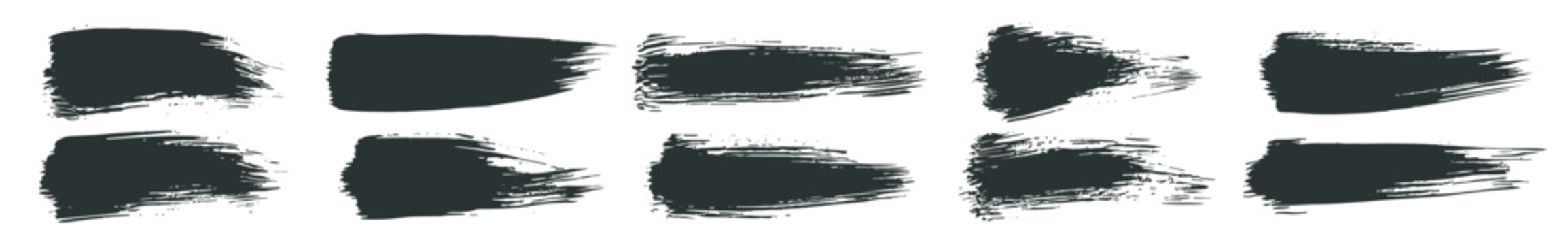 Black paint brush stroke collection with grunge ink texture vector design elements on transparent background
