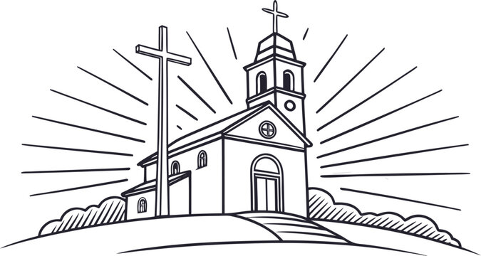 Austria corpus christi concept with church and cross on hill line black and white
