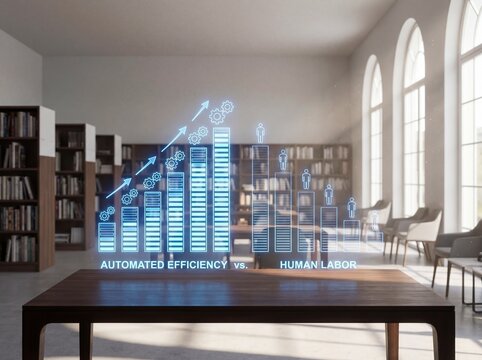 Abstract Displacement Graph: Professional photography, a sophisticated blue light hologram of a dynamic bar chart, with automated efficiency bars growing and human labor bars shrinking, viewed in a qu