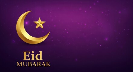 Elegant golden crescent moon and star symbol on a glowing dark purple background for eid mubarak