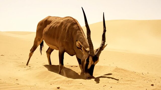 Addax Antelope Digs for Moisture in the Desert Sand