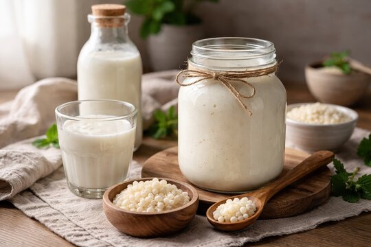 Homemade kefir, buttermilk, or yogurt&mdash;healthy probiotic and prebiotic fermented dairy drinks