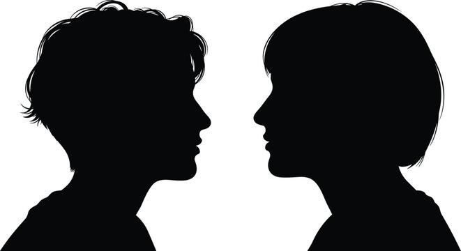 "Black silhouette profiles of two human heads facing each other, curly hair and bob cut, minimal contrast illustration emphasizing communication, interaction, diversity, and confrontation concept"