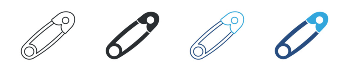 Safety pin icon set. Clothing fastener and sewing tool concept. Household accessory symbol. Line, solid and color style. Vector illustration.