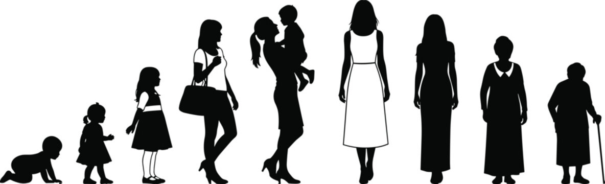Silhouette sequence showing stages of woman&rsquo;s life from infancy to old age, depicting growth, motherhood, maturity, and aging process in human development illustration