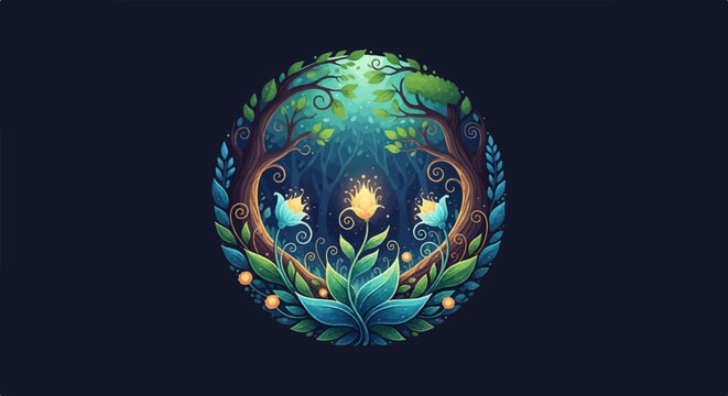 Enchanted forest clearing with glowing flora and ornate trees