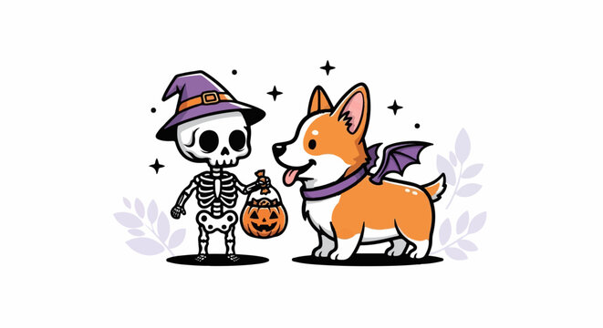 A cartoon skeleton in a witch hat holds a pumpkin bucket next to a corgi with bat wings