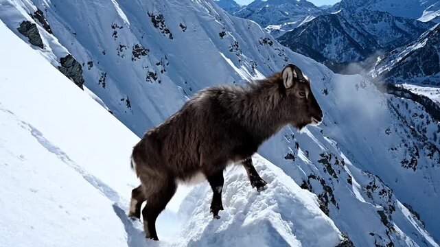Agile Japanese Serow Climbing Snowy Mountain Slope