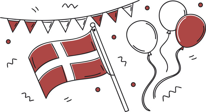 Denmark flag on pole with red and white balloons and bunting triangular bunting celebration