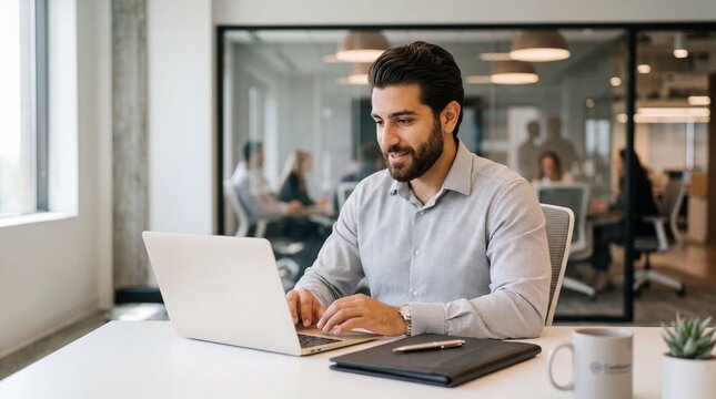 A man working on his laptop in a modern office environment with colleagues in the background