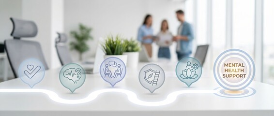 Obraz na płótnie Canvas mental health support, workplace wellness, employee assistance, corporate culture, psychological health, stress management, burnout prevention concept in a bright modern office.
