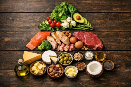 A bird‑eye view displays a keto‑friendly food pyramid on a dark wooden surface, perfect for depicting a low‑carb meal plan with veggies, meats, cheese, and healthy fats