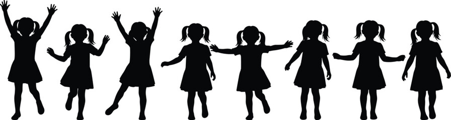 Silhouette illustration of young girl with pigtails in dress and boots, showing dynamic poses, gestures, and movements for animation, design, and educational creative projects